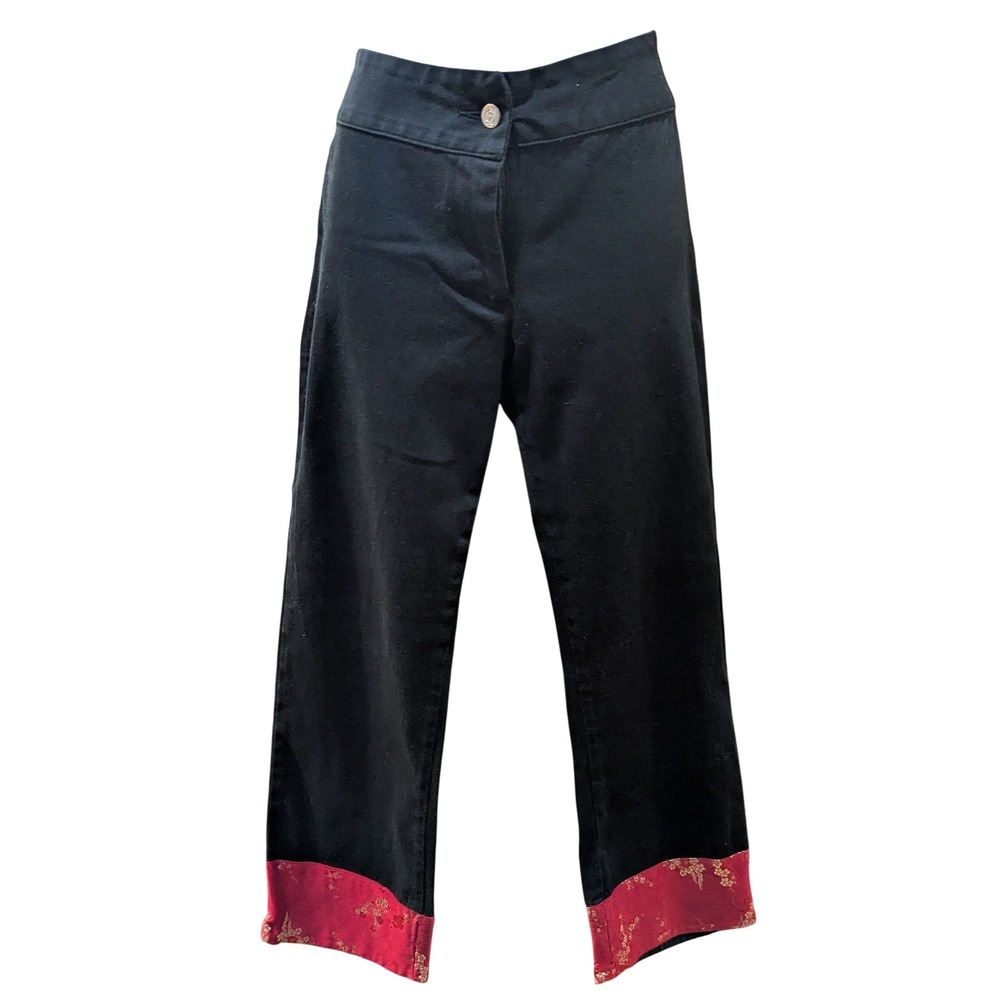 Twentysixred Sugar Black Cropped Pants Red Floral Brocade Cuff Y2K Womens Size 9
